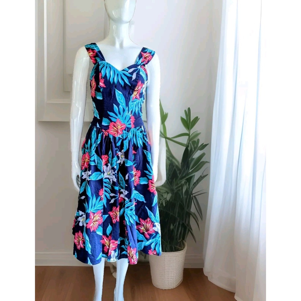 90s Vintage Dress S Hawaii Colorful Tropical Floral USA Smocked Milkmaid Beachy